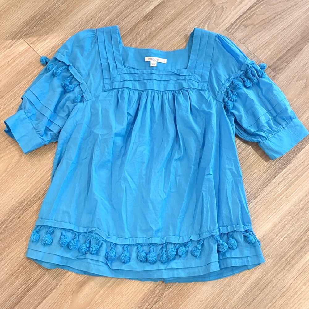 Chico's Blue Women's Top Blouse with Pom-Pom Details Size 1 Read description